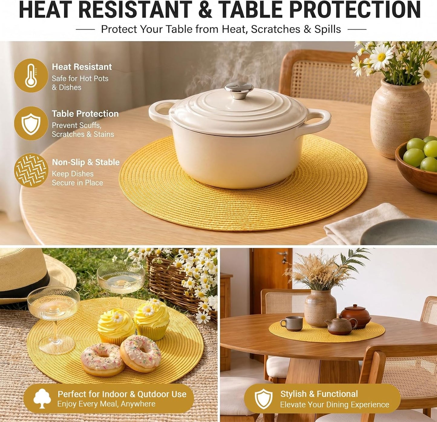 Round Braided Placemats Set of 6 Table Mats for Dining Tables Woven Washable Non-Slip Place mats 15inch for Spring(Yellow, 6pcs)