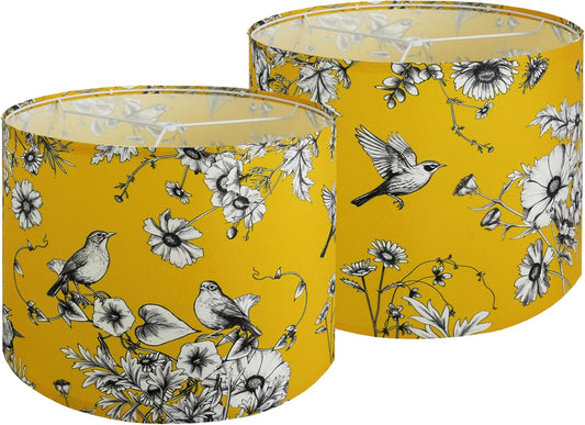 Drum Lamp Shades Set of 2, Yellow Vintage Lamp Shades for Table Lamps Floor Lamps - 13" x 13" x 10", Medium Flower Birds Lampshade (Spider Fitter), Assembly Required
