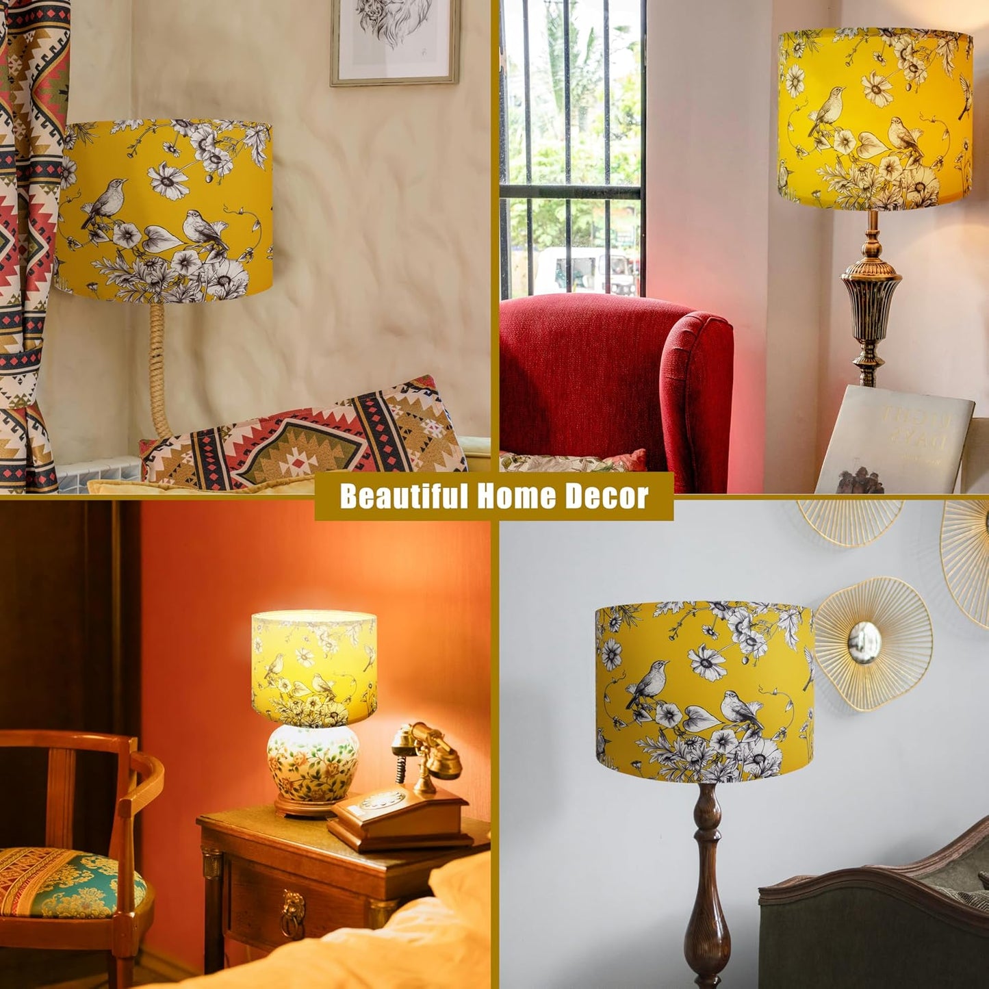 Drum Lamp Shades Set of 2, Yellow Vintage Lamp Shades for Table Lamps Floor Lamps - 13" x 13" x 10", Medium Flower Birds Lampshade (Spider Fitter), Assembly Required