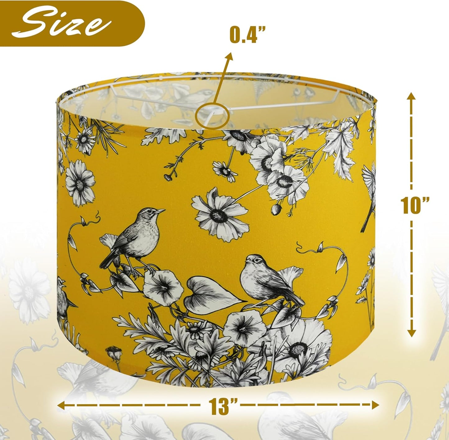 Drum Lamp Shades Set of 2, Yellow Vintage Lamp Shades for Table Lamps Floor Lamps - 13" x 13" x 10", Medium Flower Birds Lampshade (Spider Fitter), Assembly Required