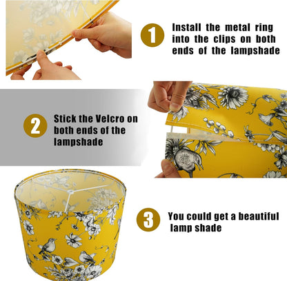 Drum Lamp Shades Set of 2, Yellow Vintage Lamp Shades for Table Lamps Floor Lamps - 13" x 13" x 10", Medium Flower Birds Lampshade (Spider Fitter), Assembly Required
