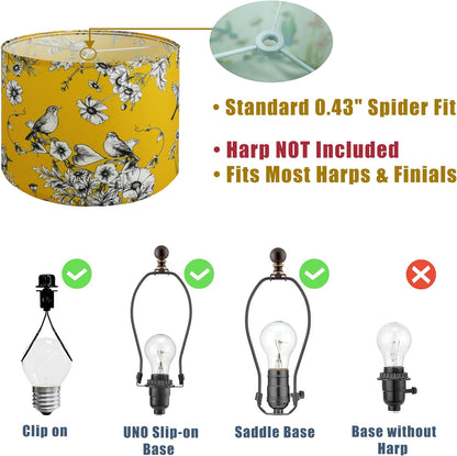 Drum Lamp Shades Set of 2, Yellow Vintage Lamp Shades for Table Lamps Floor Lamps - 13" x 13" x 10", Medium Flower Birds Lampshade (Spider Fitter), Assembly Required