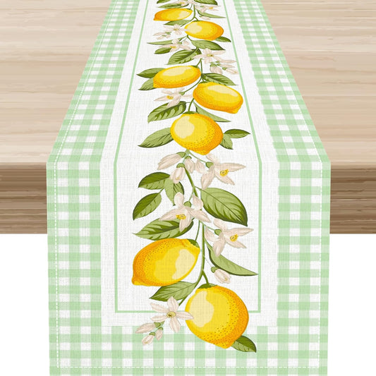 Yellow Lemon Table Runner, Watercolor Summer Fruit Check Spring Flower Floral Seasonal Coffee Table Center Decor for Home Kitchen Dining Party Patio Indoor Outdoor Table Decorations 13x36