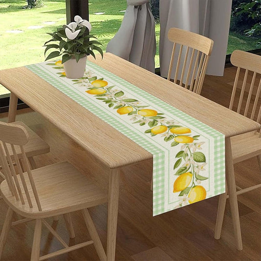 Yellow Lemon Table Runner, Watercolor Summer Fruit Check Spring Flower Floral Seasonal Coffee Table Center Decor for Home Kitchen Dining Party Patio Indoor Outdoor Table Decorations 13x36