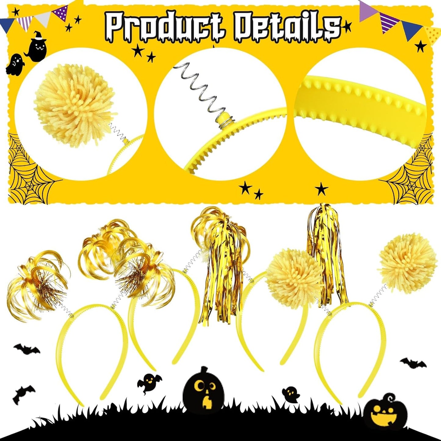 12 Pcs Back to School Pom Pom Spirit Party Headbands | Silly Party Hats, Tinsel Feather Ponytail Headwear Headbopper, Hair Accessories for Birthday Holiday