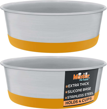 Stainless Steel Dog Bowls Set of 2 with Extra Thick Silicone Base - 4 Cup (32 oz) Mango Tango, Non-Slip, Dishwasher Safe Metal Bowls, Pet Dog Food Bowl for Dogs, Cats, Anti Rust