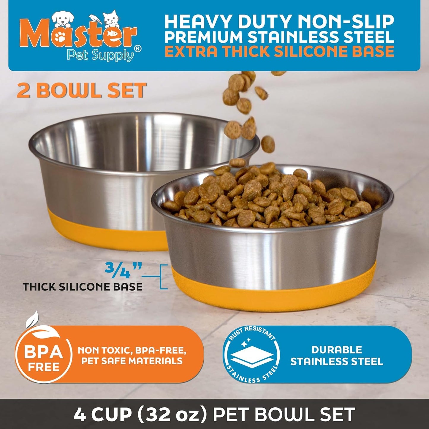 Stainless Steel Dog Bowls Set of 2 with Extra Thick Silicone Base - 4 Cup (32 oz) Mango Tango, Non-Slip, Dishwasher Safe Metal Bowls, Pet Dog Food Bowl for Dogs, Cats, Anti Rust