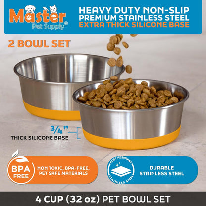 Stainless Steel Dog Bowls Set of 2 with Extra Thick Silicone Base - 4 Cup (32 oz) Mango Tango, Non-Slip, Dishwasher Safe Metal Bowls, Pet Dog Food Bowl for Dogs, Cats, Anti Rust