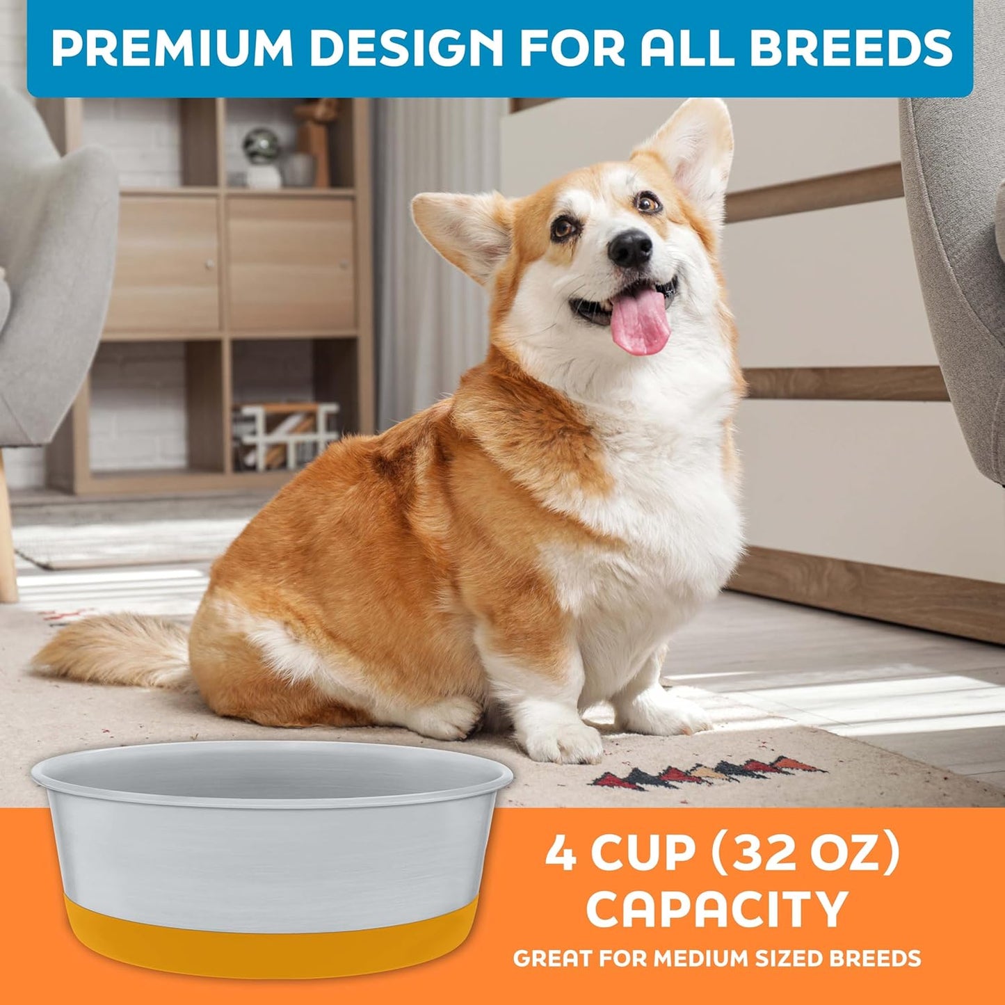 Stainless Steel Dog Bowls Set of 2 with Extra Thick Silicone Base - 4 Cup (32 oz) Mango Tango, Non-Slip, Dishwasher Safe Metal Bowls, Pet Dog Food Bowl for Dogs, Cats, Anti Rust