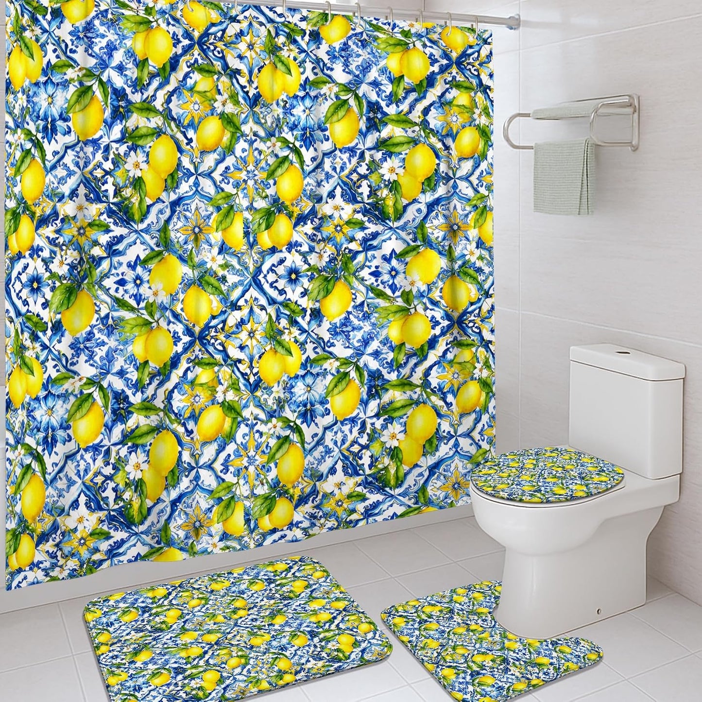 Lemon Shower Curtain Sets, Summer Tropical Flower Leaf Summer Yellow Polyester Waterproof Bathroom Sets with Shower Curtain and Rugs Decorative for Toile Bathtub Dorm 72x72 Inch