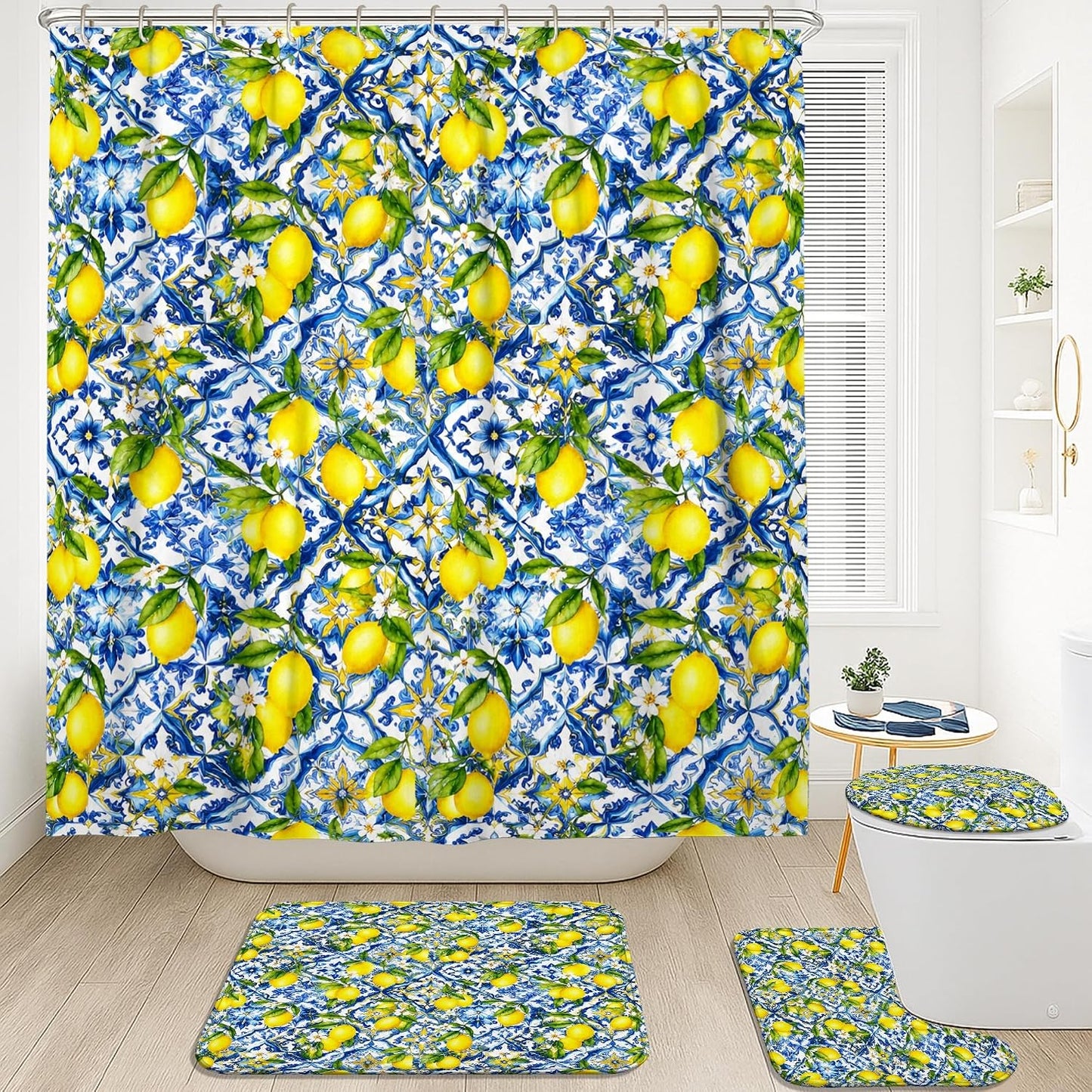 Lemon Shower Curtain Sets, Summer Tropical Flower Leaf Summer Yellow Polyester Waterproof Bathroom Sets with Shower Curtain and Rugs Decorative for Toile Bathtub Dorm 72x72 Inch