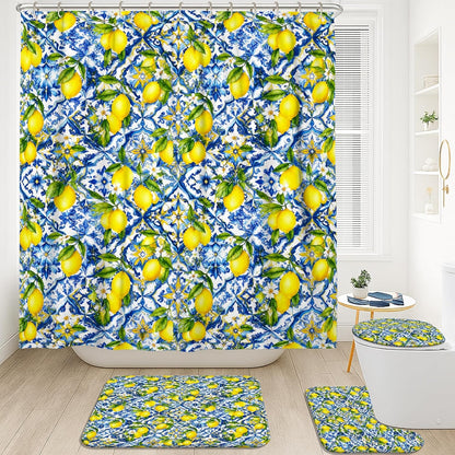 Lemon Shower Curtain Sets, Summer Tropical Flower Leaf Summer Yellow Polyester Waterproof Bathroom Sets with Shower Curtain and Rugs Decorative for Toile Bathtub Dorm 72x72 Inch