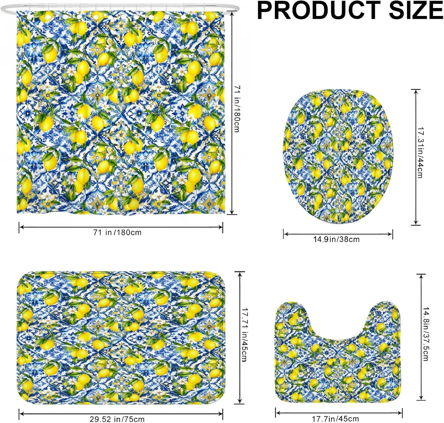 Lemon Shower Curtain Sets, Summer Tropical Flower Leaf Summer Yellow Polyester Waterproof Bathroom Sets with Shower Curtain and Rugs Decorative for Toile Bathtub Dorm 72x72 Inch