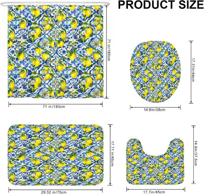 Lemon Shower Curtain Sets, Summer Tropical Flower Leaf Summer Yellow Polyester Waterproof Bathroom Sets with Shower Curtain and Rugs Decorative for Toile Bathtub Dorm 72x72 Inch
