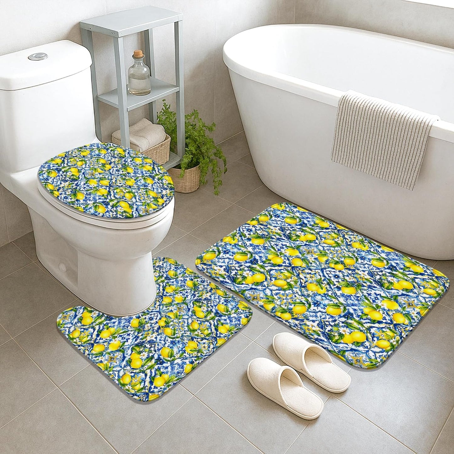 Lemon Shower Curtain Sets, Summer Tropical Flower Leaf Summer Yellow Polyester Waterproof Bathroom Sets with Shower Curtain and Rugs Decorative for Toile Bathtub Dorm 72x72 Inch