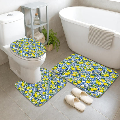 Lemon Shower Curtain Sets, Summer Tropical Flower Leaf Summer Yellow Polyester Waterproof Bathroom Sets with Shower Curtain and Rugs Decorative for Toile Bathtub Dorm 72x72 Inch