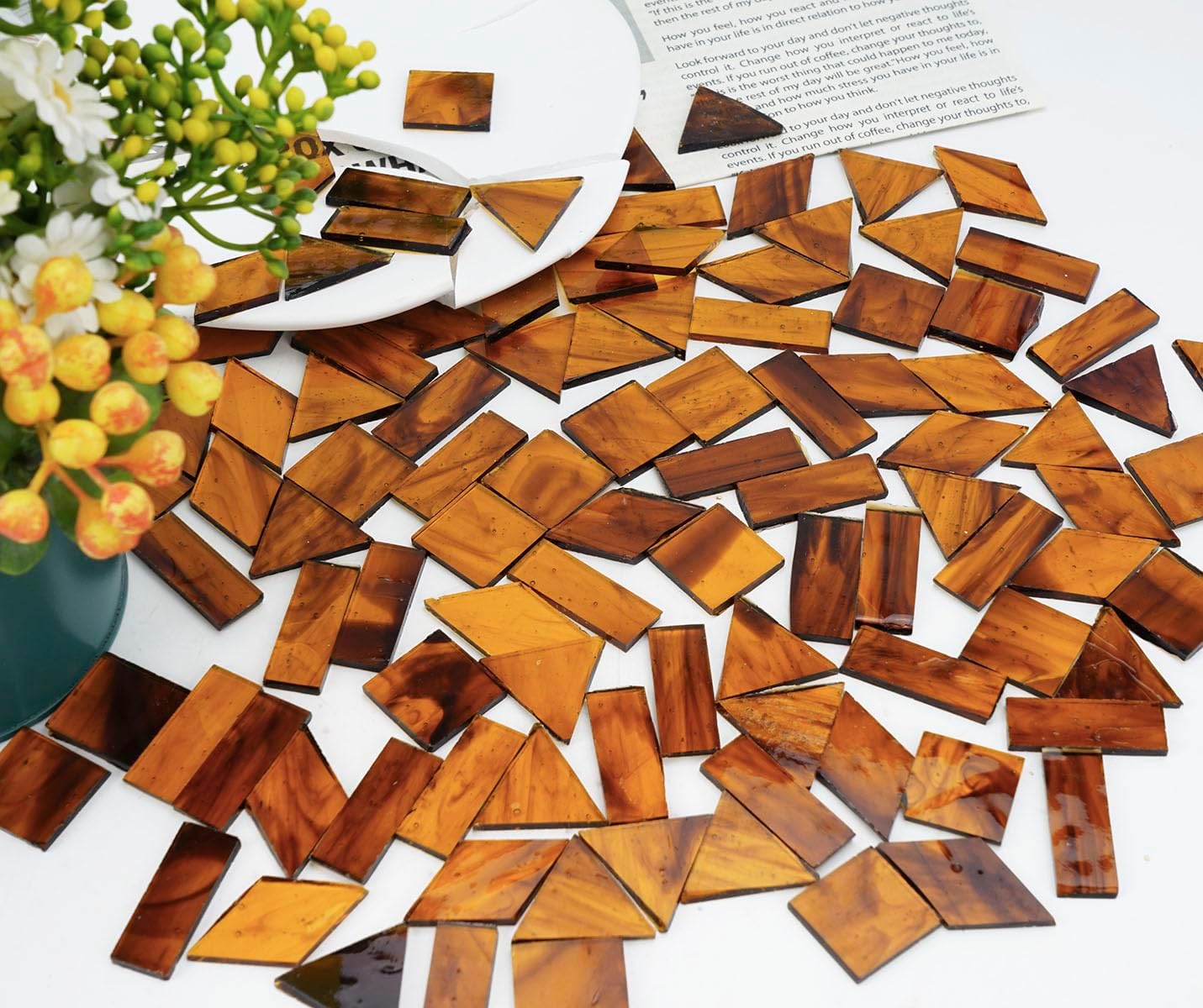 Large Transparent Textured Glass Tiles for DIY Crafts, 200g Stained Glass Pieces Supplies, 4 Shapes Tiles for DIY Mosaic Kit, Yellow Sunbeam