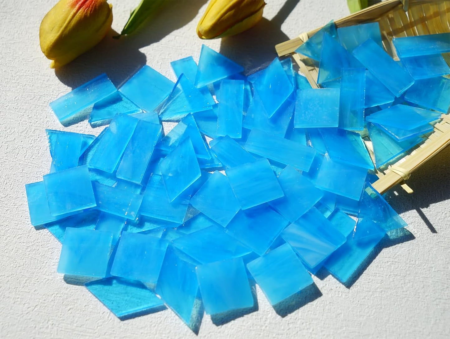 Large Transparent Textured Glass Tiles for DIY Crafts, 200g Stained Glass Pieces Supplies, 4 Shapes Tiles for DIY Mosaic Kit, Yellow Sunbeam