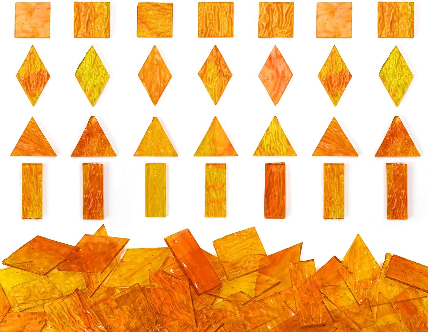 Large Transparent Textured Glass Tiles for DIY Crafts, 200g Stained Glass Pieces Supplies, 4 Shapes Tiles for DIY Mosaic Kit, Yellow Sunbeam