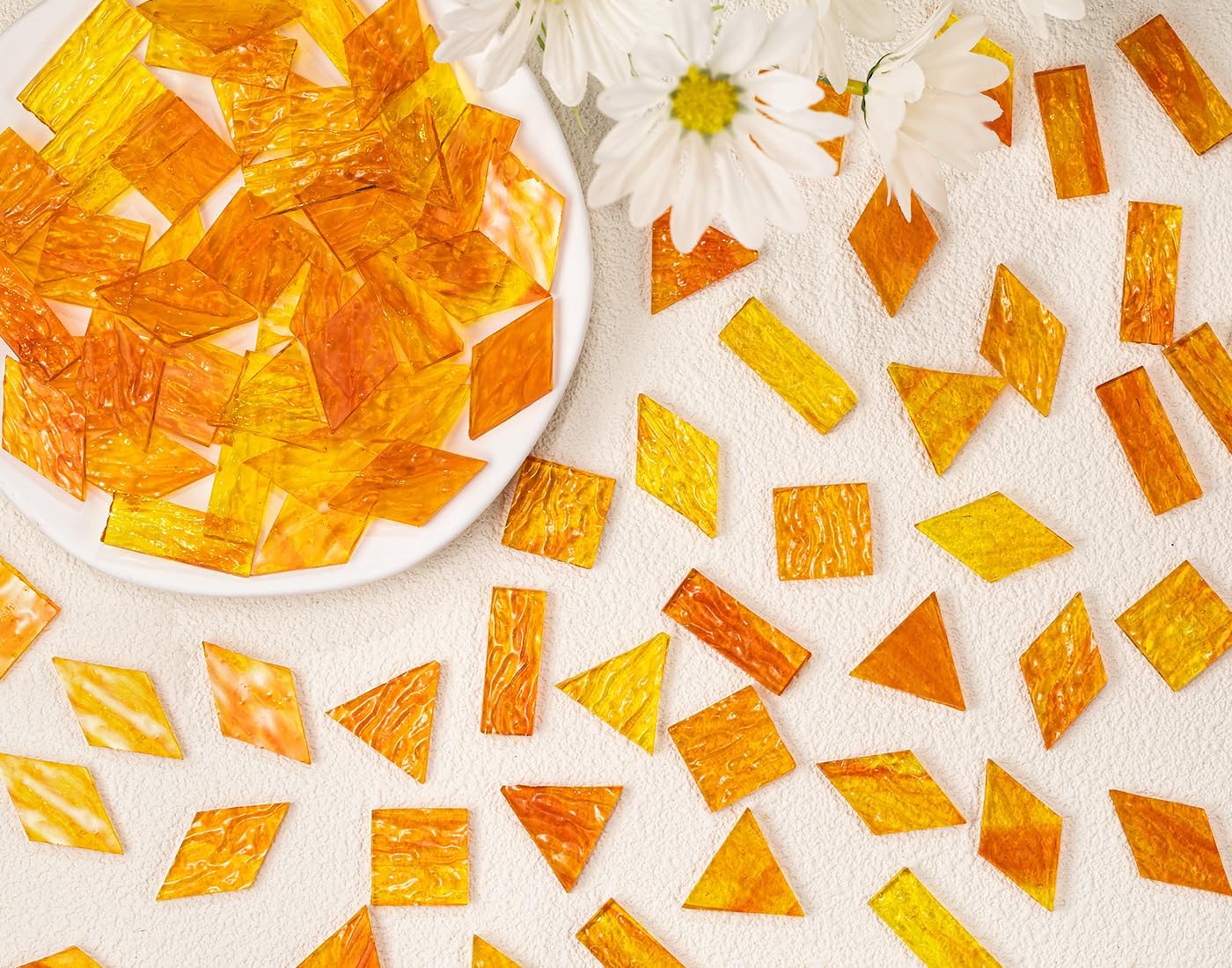Large Transparent Textured Glass Tiles for DIY Crafts, 200g Stained Glass Pieces Supplies, 4 Shapes Tiles for DIY Mosaic Kit, Yellow Sunbeam