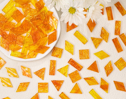 Large Transparent Textured Glass Tiles for DIY Crafts, 200g Stained Glass Pieces Supplies, 4 Shapes Tiles for DIY Mosaic Kit, Yellow Sunbeam