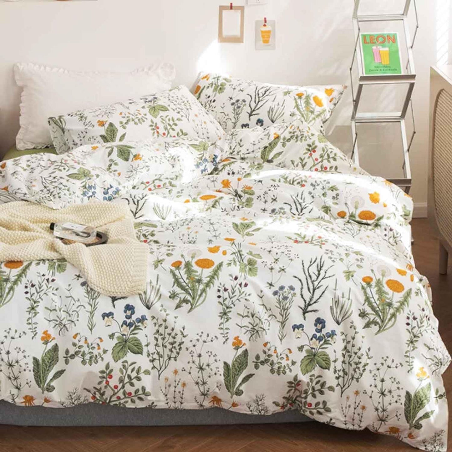 Floral Duvet Cover Queen Size - Blue Green Yellow White Flower Leaf Botanical Pattern Soft Microfiber Comforter Quilt Cover Set - 3PC 90 X 90 Lightweight Bedding, Farmhouse Style Bedroom for Women Men