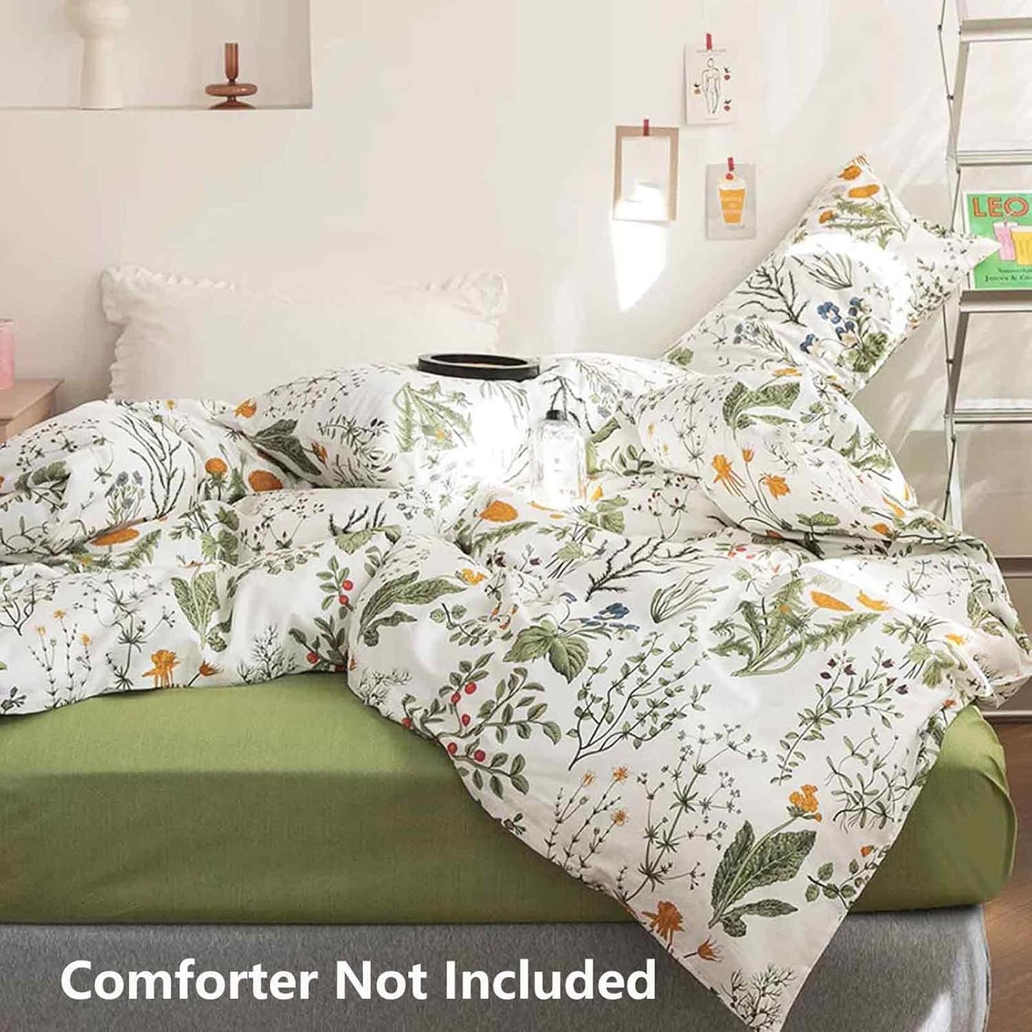 Floral Duvet Cover Queen Size - Blue Green Yellow White Flower Leaf Botanical Pattern Soft Microfiber Comforter Quilt Cover Set - 3PC 90 X 90 Lightweight Bedding, Farmhouse Style Bedroom for Women Men