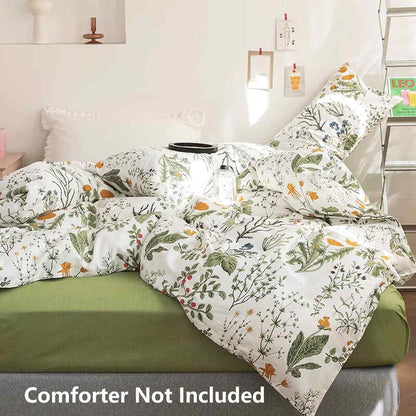 Floral Duvet Cover Queen Size - Blue Green Yellow White Flower Leaf Botanical Pattern Soft Microfiber Comforter Quilt Cover Set - 3PC 90 X 90 Lightweight Bedding, Farmhouse Style Bedroom for Women Men