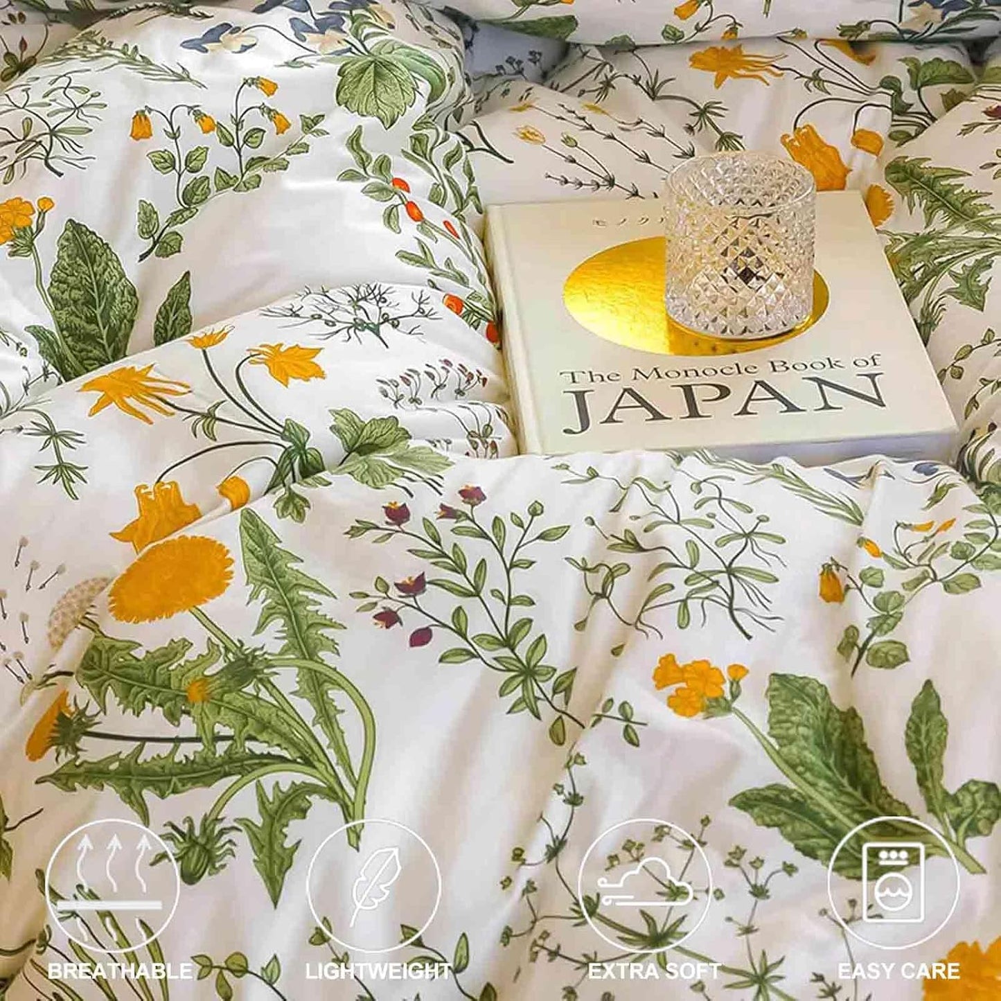 Floral Duvet Cover Queen Size - Blue Green Yellow White Flower Leaf Botanical Pattern Soft Microfiber Comforter Quilt Cover Set - 3PC 90 X 90 Lightweight Bedding, Farmhouse Style Bedroom for Women Men
