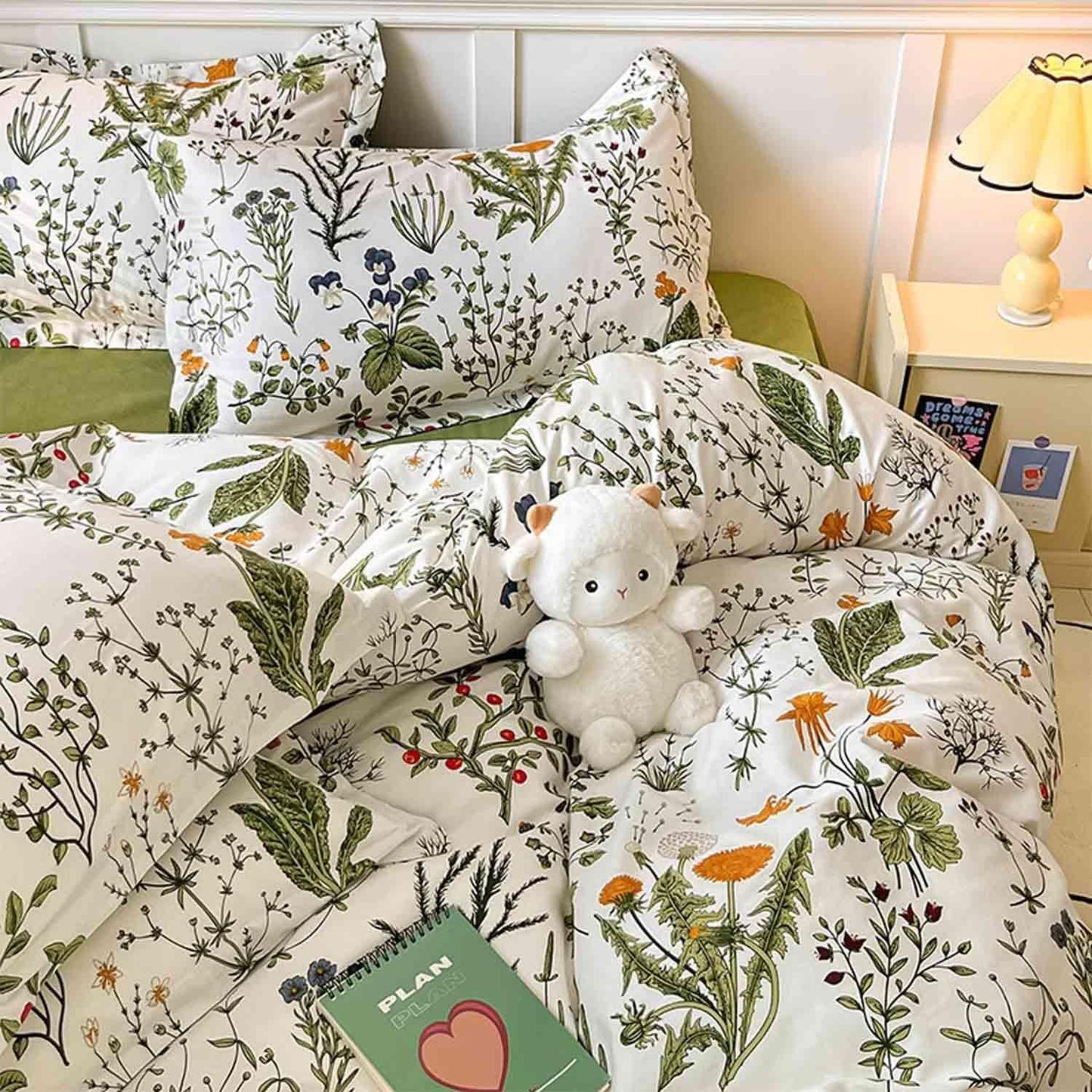Floral Duvet Cover Queen Size - Blue Green Yellow White Flower Leaf Botanical Pattern Soft Microfiber Comforter Quilt Cover Set - 3PC 90 X 90 Lightweight Bedding, Farmhouse Style Bedroom for Women Men
