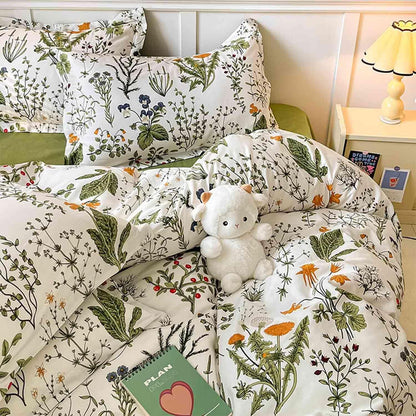Floral Duvet Cover Queen Size - Blue Green Yellow White Flower Leaf Botanical Pattern Soft Microfiber Comforter Quilt Cover Set - 3PC 90 X 90 Lightweight Bedding, Farmhouse Style Bedroom for Women Men