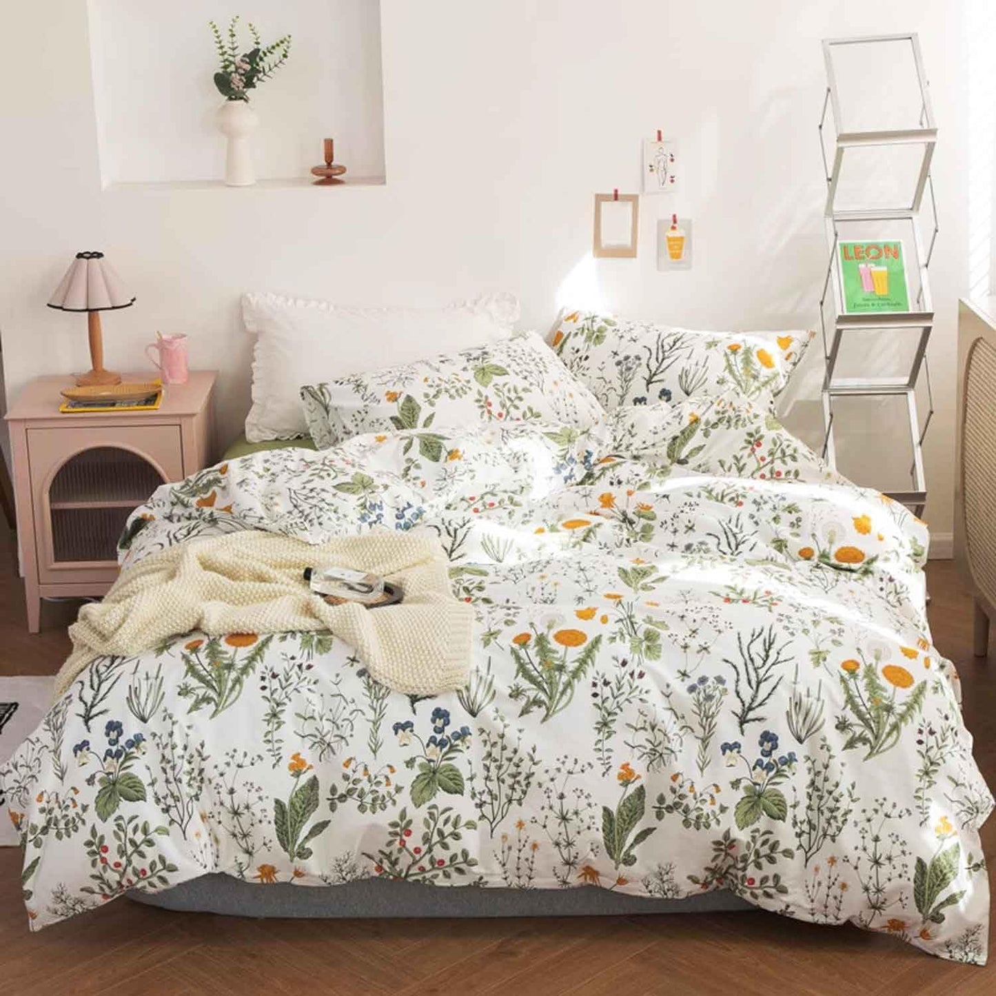 Floral Duvet Cover Queen Size - Blue Green Yellow White Flower Leaf Botanical Pattern Soft Microfiber Comforter Quilt Cover Set - 3PC 90 X 90 Lightweight Bedding, Farmhouse Style Bedroom for Women Men
