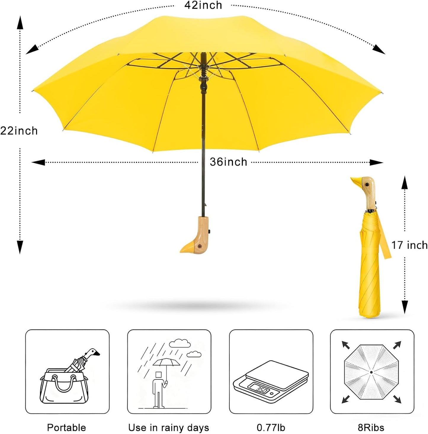 Duck Handle Travel Folding Umbrella Auto Open Manual Close Ideal Gift | Two-fold, auto open manual close, wooden duck handle, lightweight design, for rain, sun, travel,outdoor，women & kids.