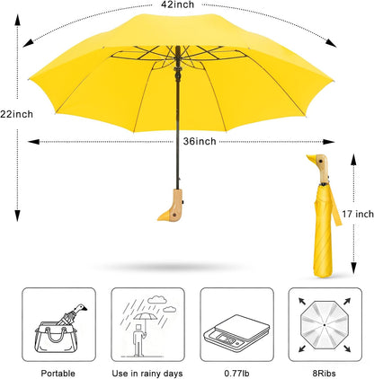 Duck Handle Travel Folding Umbrella Auto Open Manual Close Ideal Gift | Two-fold, auto open manual close, wooden duck handle, lightweight design, for rain, sun, travel,outdoor，women & kids.