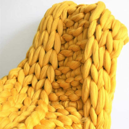 Chunky Knit Blanket, Sofa Bed Chair Throw, Merino Wool & Cotton Cable Accent Throw, Yellow, 60x60cm/23x23in