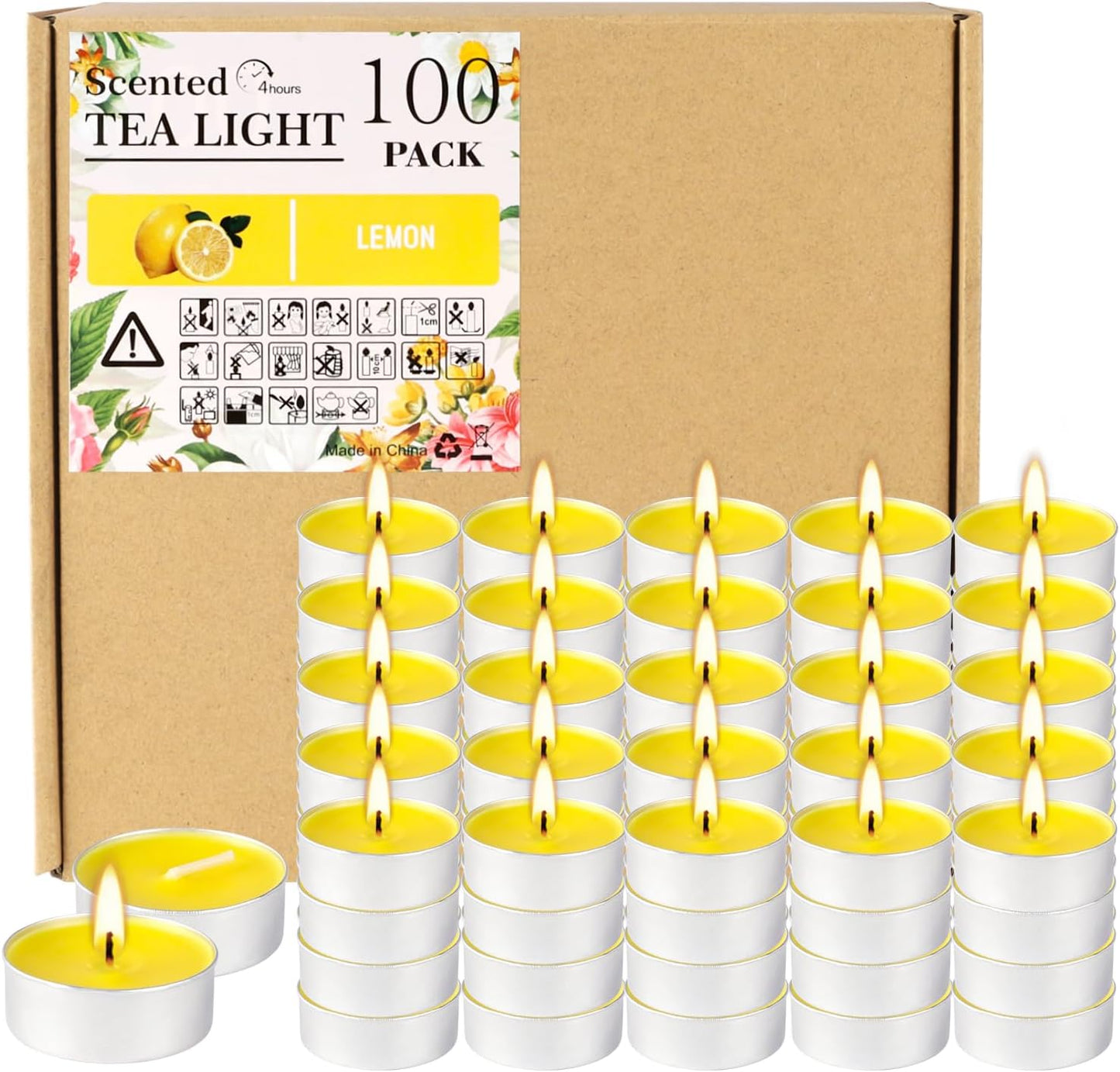 100 Pack Scented Tealight Candles - 4 Hours Burning Lemon Aromatherapy | Valentine's Day Romantic Dinner & New Year Home Decor, Yellow Votive Candles for Wedding, Holiday Gift & Emergency (Yellow)