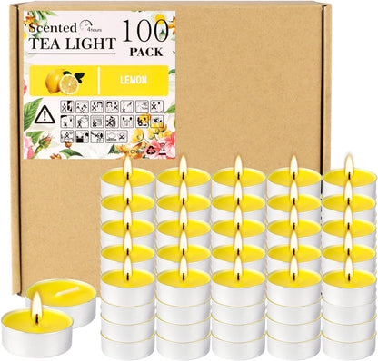 100 Pack Scented Tealight Candles - 4 Hours Burning Lemon Aromatherapy | Valentine's Day Romantic Dinner & New Year Home Decor, Yellow Votive Candles for Wedding, Holiday Gift & Emergency (Yellow)