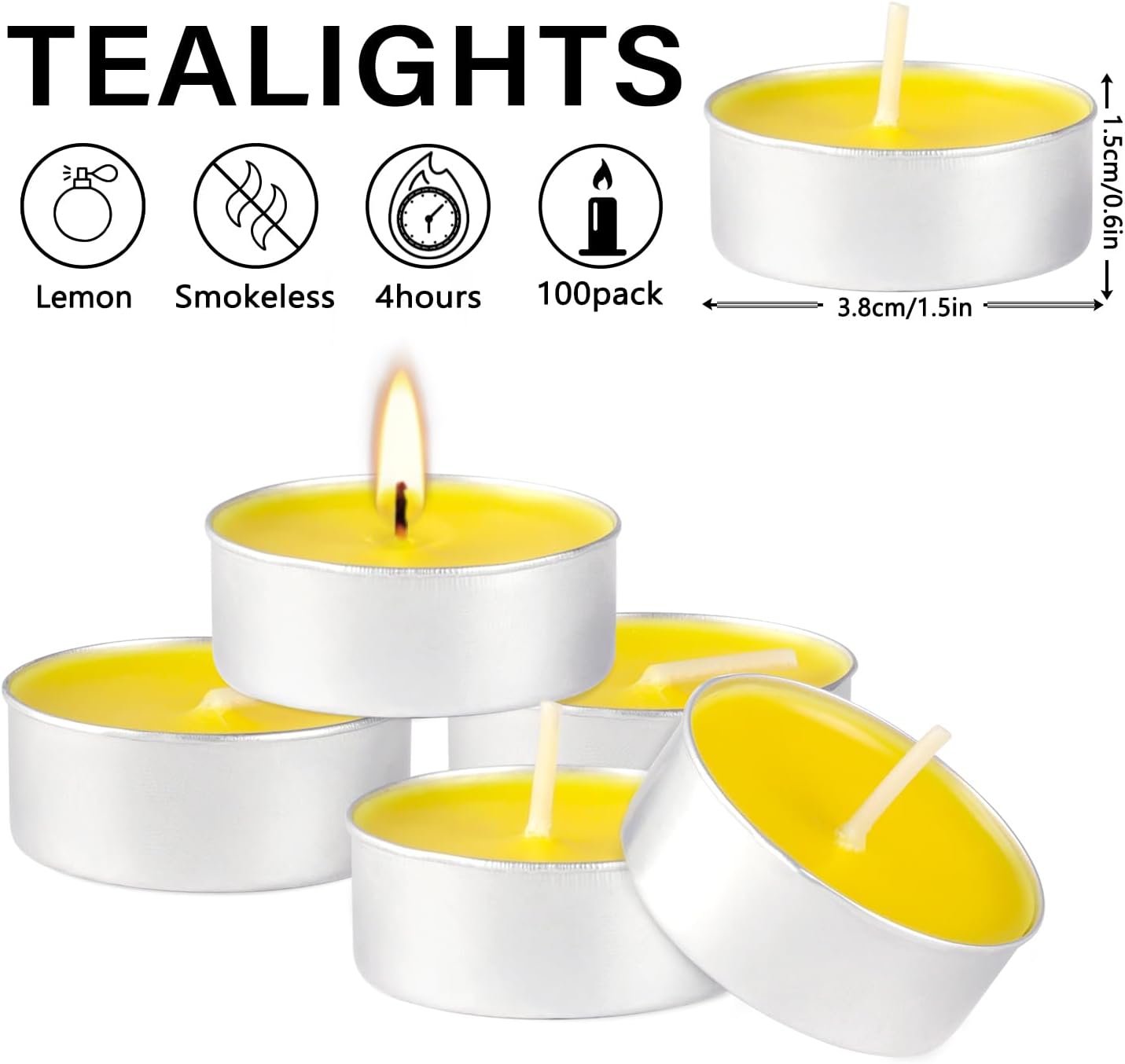 100 Pack Scented Tealight Candles - 4 Hours Burning Lemon Aromatherapy | Valentine's Day Romantic Dinner & New Year Home Decor, Yellow Votive Candles for Wedding, Holiday Gift & Emergency (Yellow)