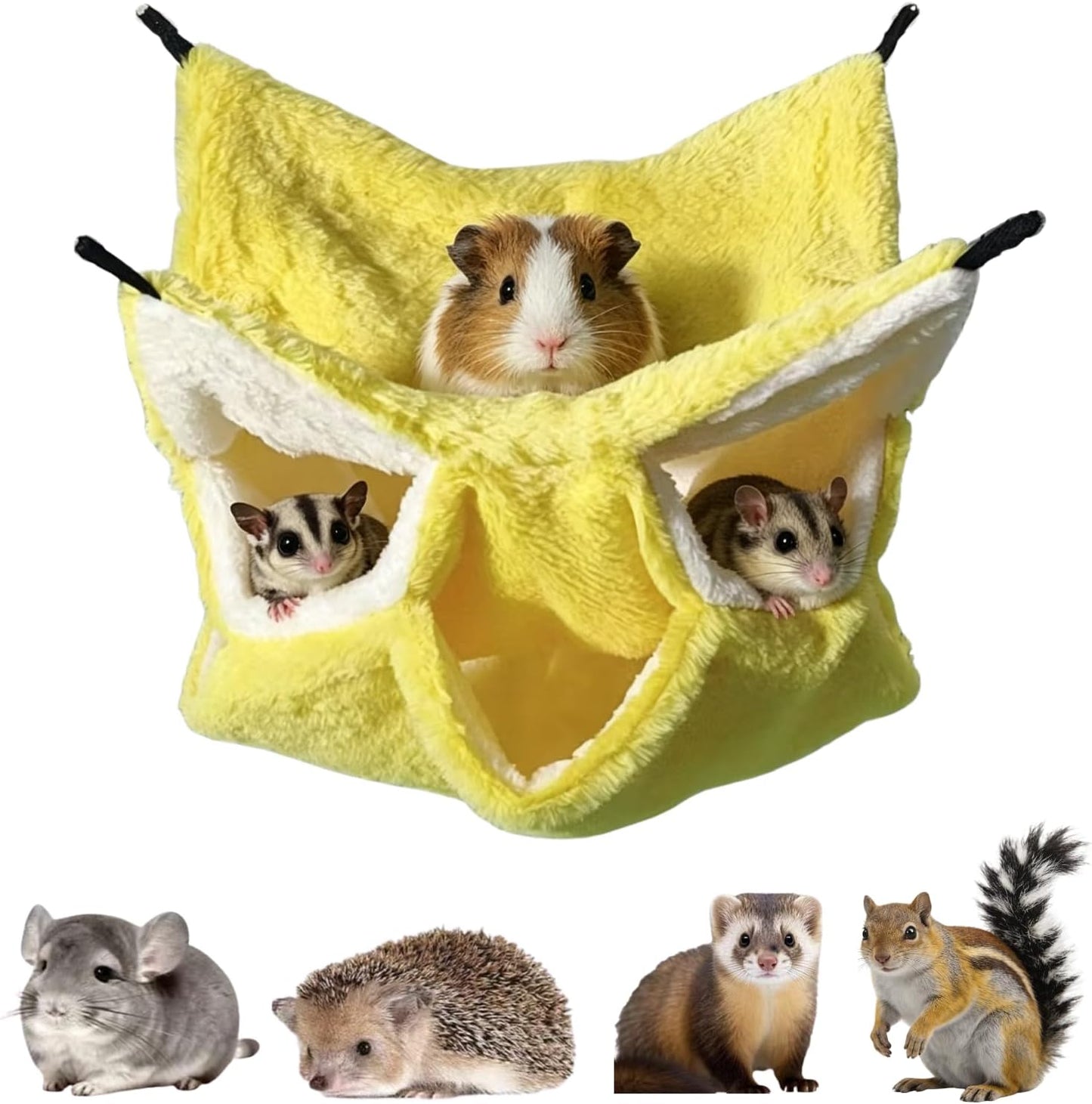 Guinea Pig Hammock 3 Layers Rat Hammock Small Animals Hanging Bed Hamster Pet Cage Accessories for Chinchilla Ferret Sugar Glider Squirrel Kitten Rat Sleeping and Playing (Yellow)