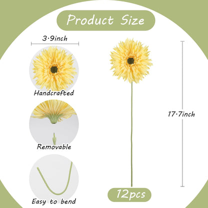 12pcs Yellow Gerbera Daisy Artificial Flowers Realistic Faux Daisies Fake Daisy Flowers for Vase Table Centerpiece Home Wedding Party Garden Decoration(Yellow)