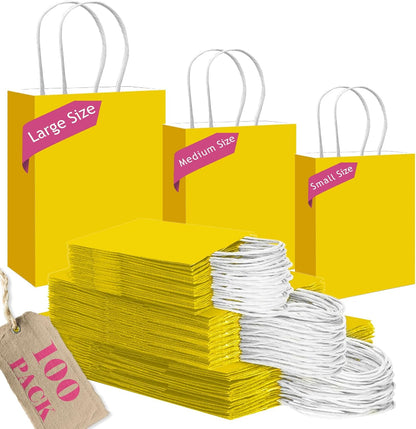 100PCS Gift Bag with Handles Bulk Bright Yellow Paper Bags Assorted Sizes(33pcs Large 13",33pcs Medium 11",34pcs Small 8")