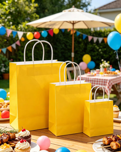 100PCS Gift Bag with Handles Bulk Bright Yellow Paper Bags Assorted Sizes(33pcs Large 13",33pcs Medium 11",34pcs Small 8")