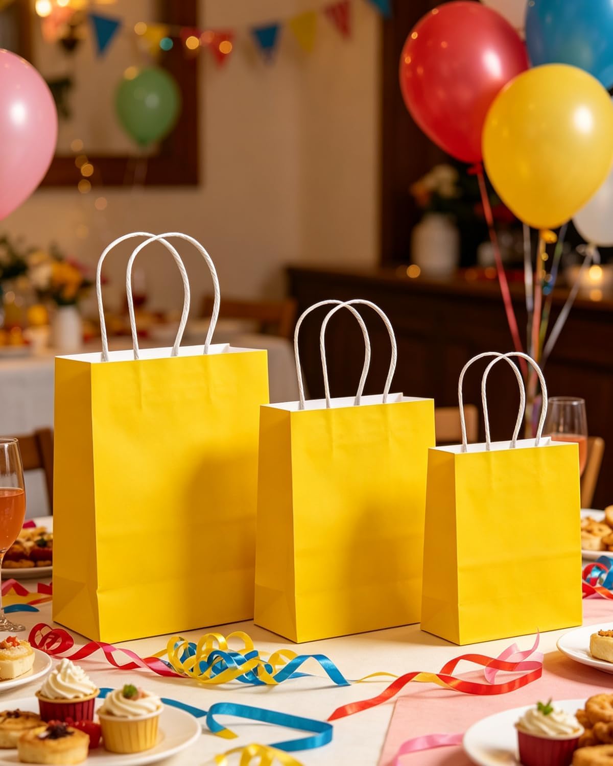100PCS Gift Bag with Handles Bulk Bright Yellow Paper Bags Assorted Sizes(33pcs Large 13",33pcs Medium 11",34pcs Small 8")
