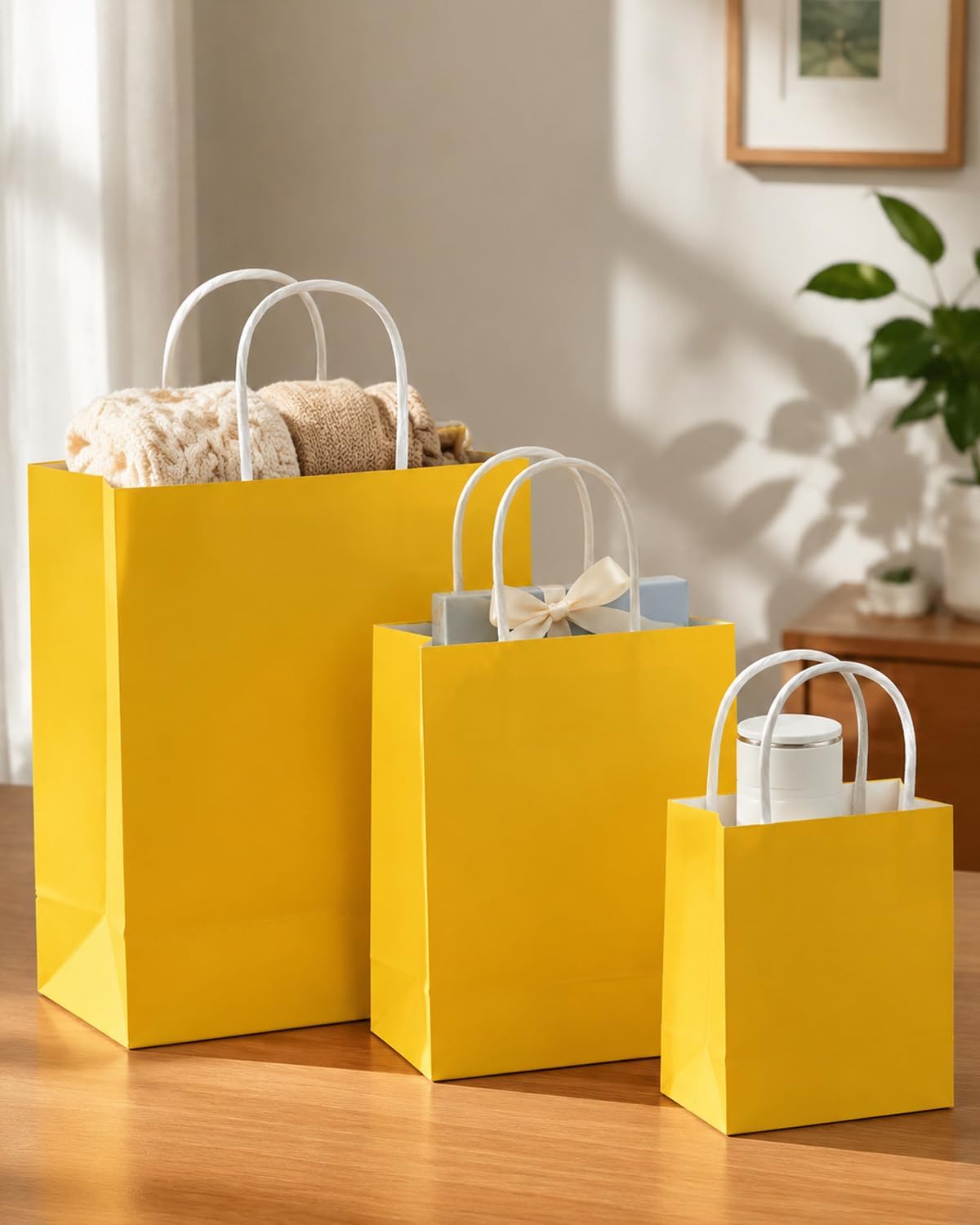 100PCS Gift Bag with Handles Bulk Bright Yellow Paper Bags Assorted Sizes(33pcs Large 13",33pcs Medium 11",34pcs Small 8")