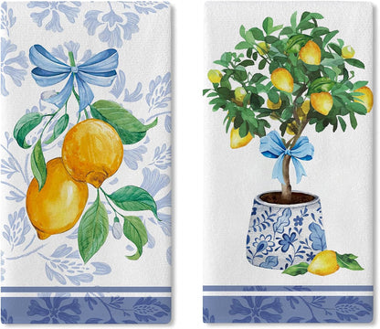 Italy Capri Lemon Tree Kitchen Dish Towels Set of 2, Amalfi Coast Citrus Blue White Porcelain Drying Hand Towel Baking Cooking Cloth, Summer Mediterranean Bow Bathroom Home Decor 18'' x 26''