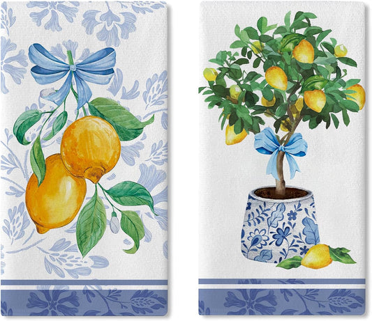 Italy Capri Lemon Tree Kitchen Dish Towels Set of 2, Amalfi Coast Citrus Blue White Porcelain Drying Hand Towel Baking Cooking Cloth, Summer Mediterranean Bow Bathroom Home Decor 18'' x 26''
