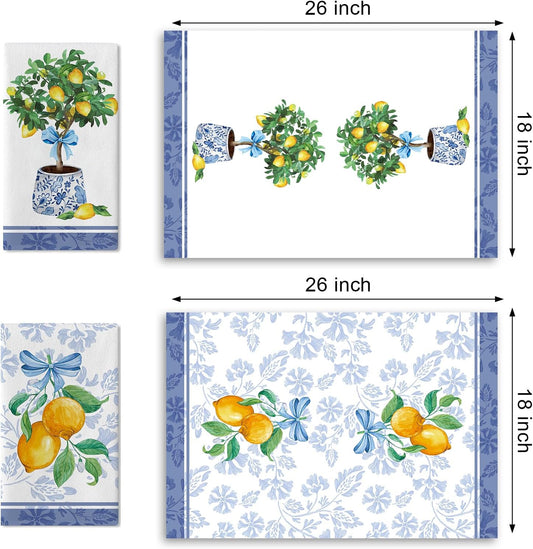 Italy Capri Lemon Tree Kitchen Dish Towels Set of 2, Amalfi Coast Citrus Blue White Porcelain Drying Hand Towel Baking Cooking Cloth, Summer Mediterranean Bow Bathroom Home Decor 18'' x 26''