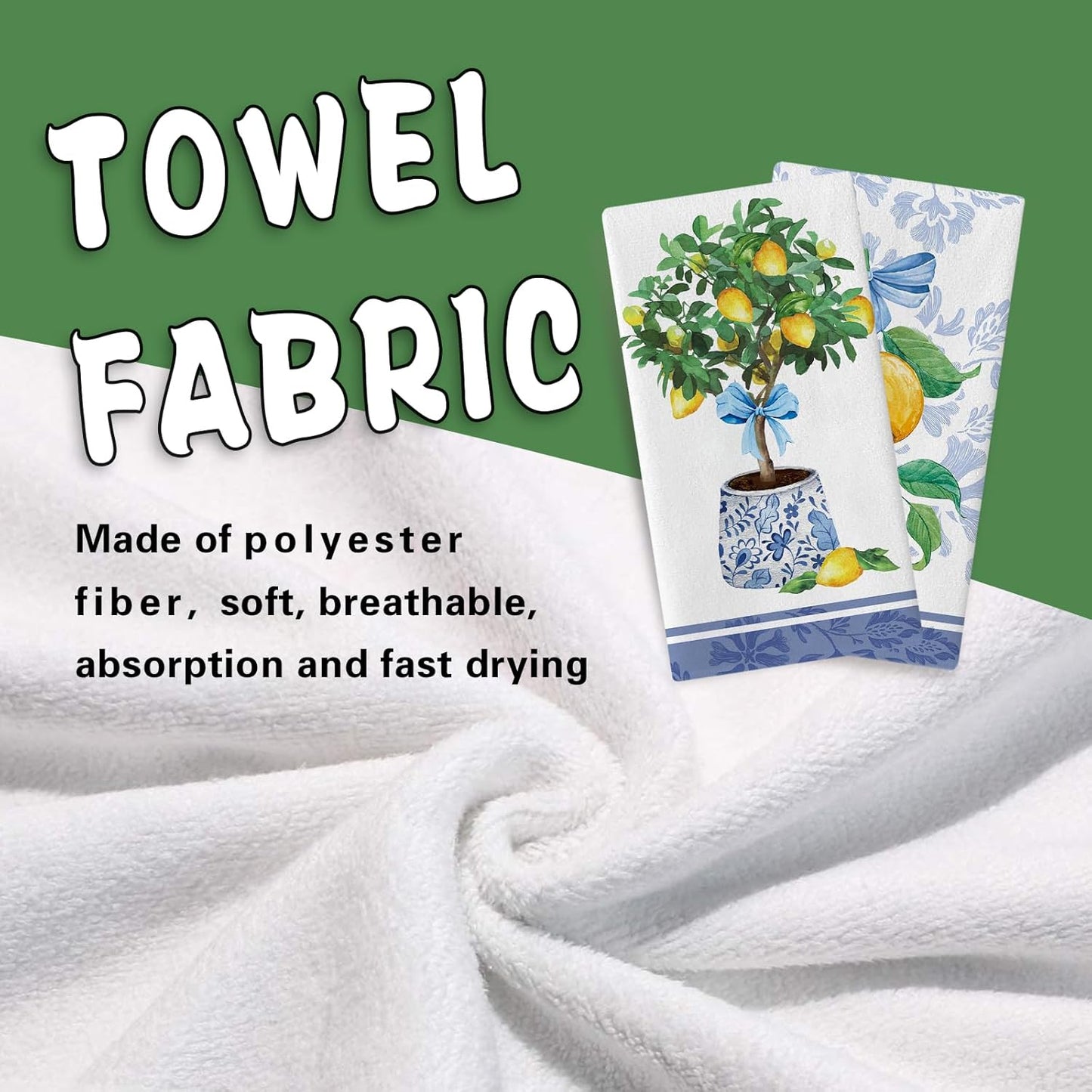 Italy Capri Lemon Tree Kitchen Dish Towels Set of 2, Amalfi Coast Citrus Blue White Porcelain Drying Hand Towel Baking Cooking Cloth, Summer Mediterranean Bow Bathroom Home Decor 18'' x 26''