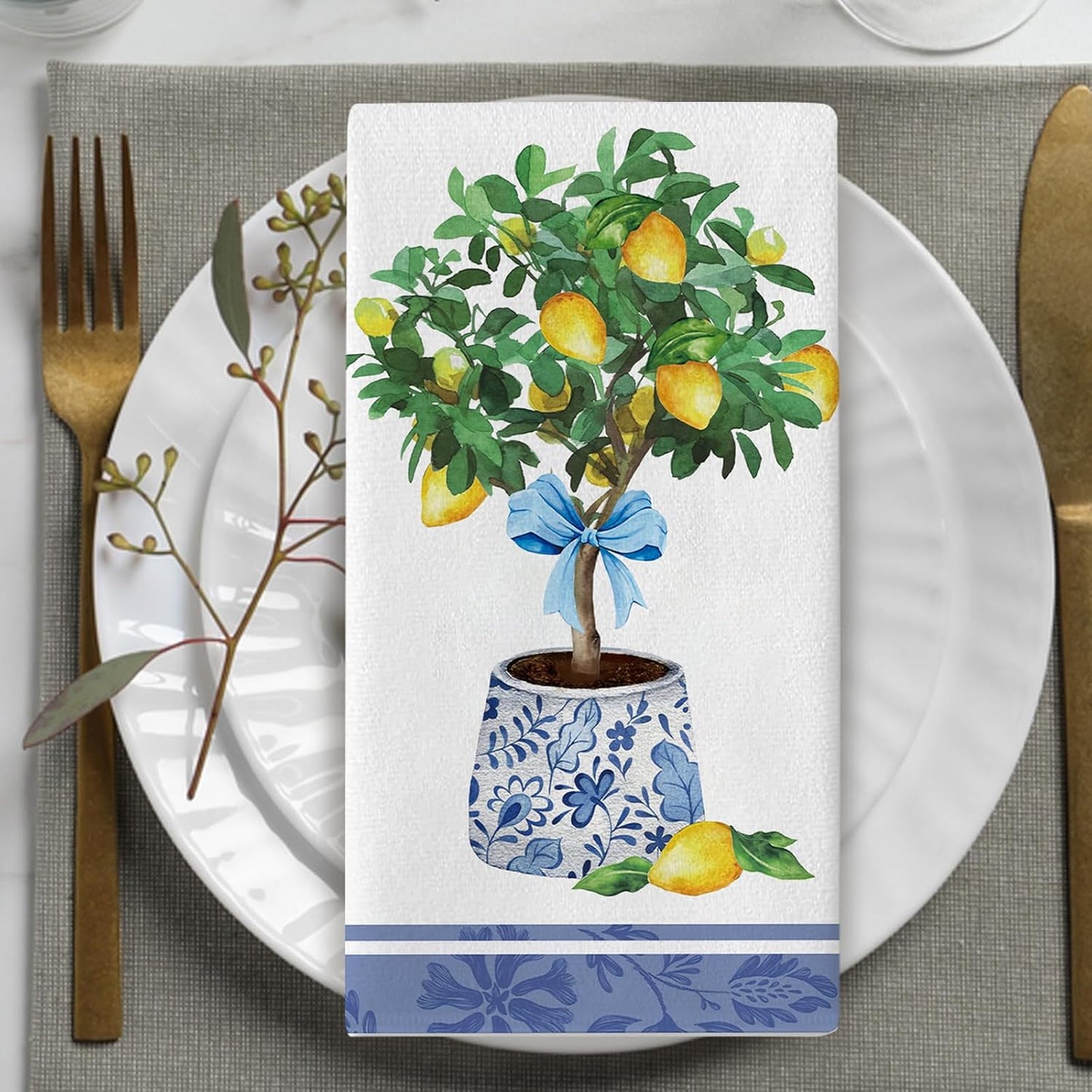 Italy Capri Lemon Tree Kitchen Dish Towels Set of 2, Amalfi Coast Citrus Blue White Porcelain Drying Hand Towel Baking Cooking Cloth, Summer Mediterranean Bow Bathroom Home Decor 18'' x 26''