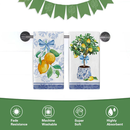 Italy Capri Lemon Tree Kitchen Dish Towels Set of 2, Amalfi Coast Citrus Blue White Porcelain Drying Hand Towel Baking Cooking Cloth, Summer Mediterranean Bow Bathroom Home Decor 18'' x 26''